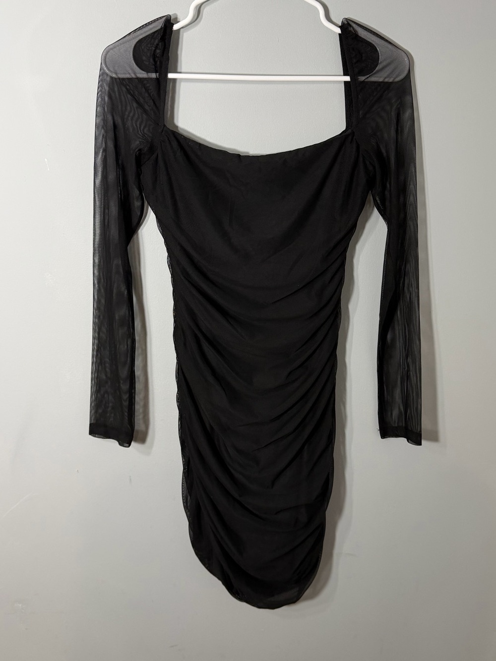Princess Polly Black Mesh Long-Sleeve Ruched Women's Dress